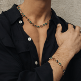 Person wearing a gold necklace and bracelet with green gemstones against a neutral background